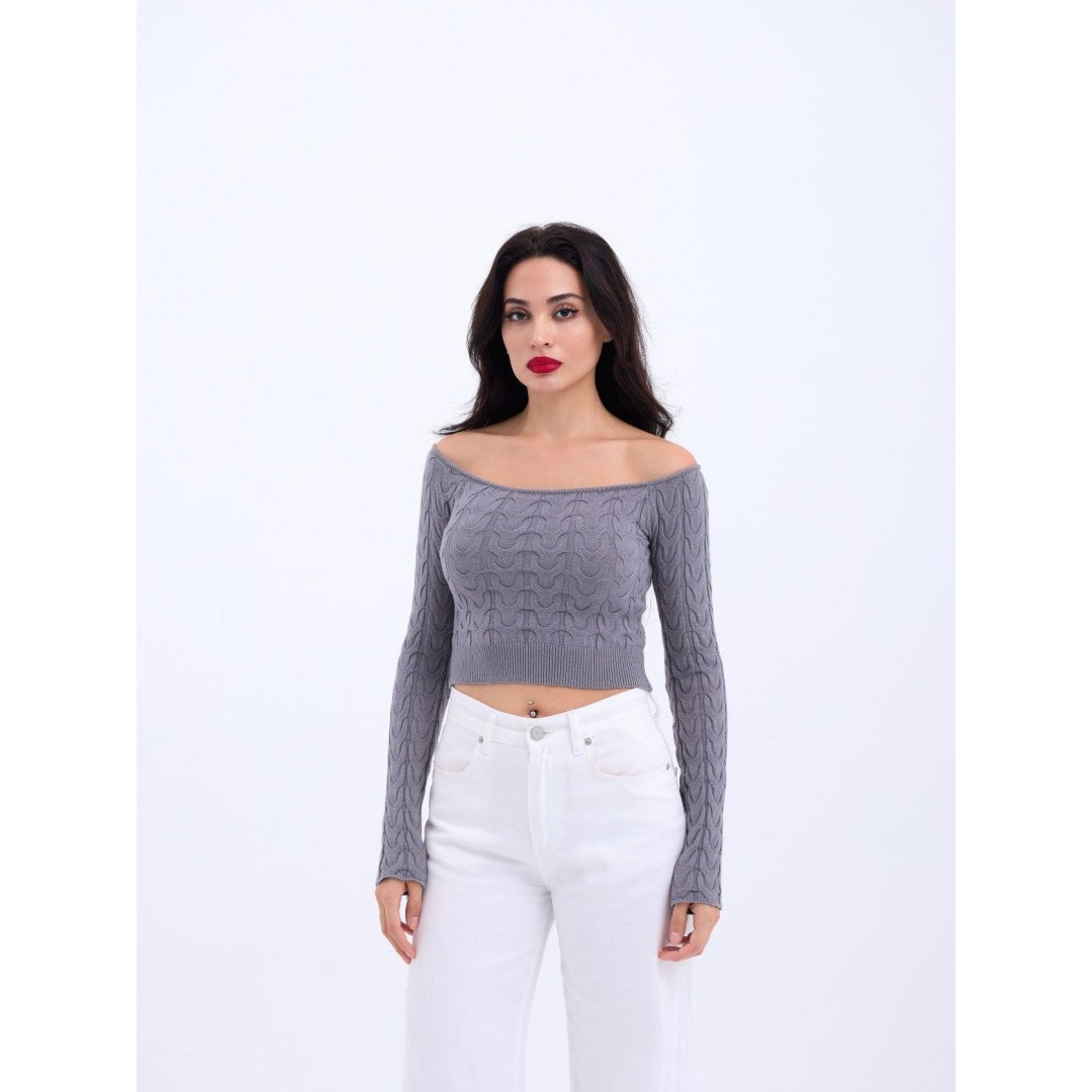 42241 TRİKO KAYIK YAKA CROP-GRİ