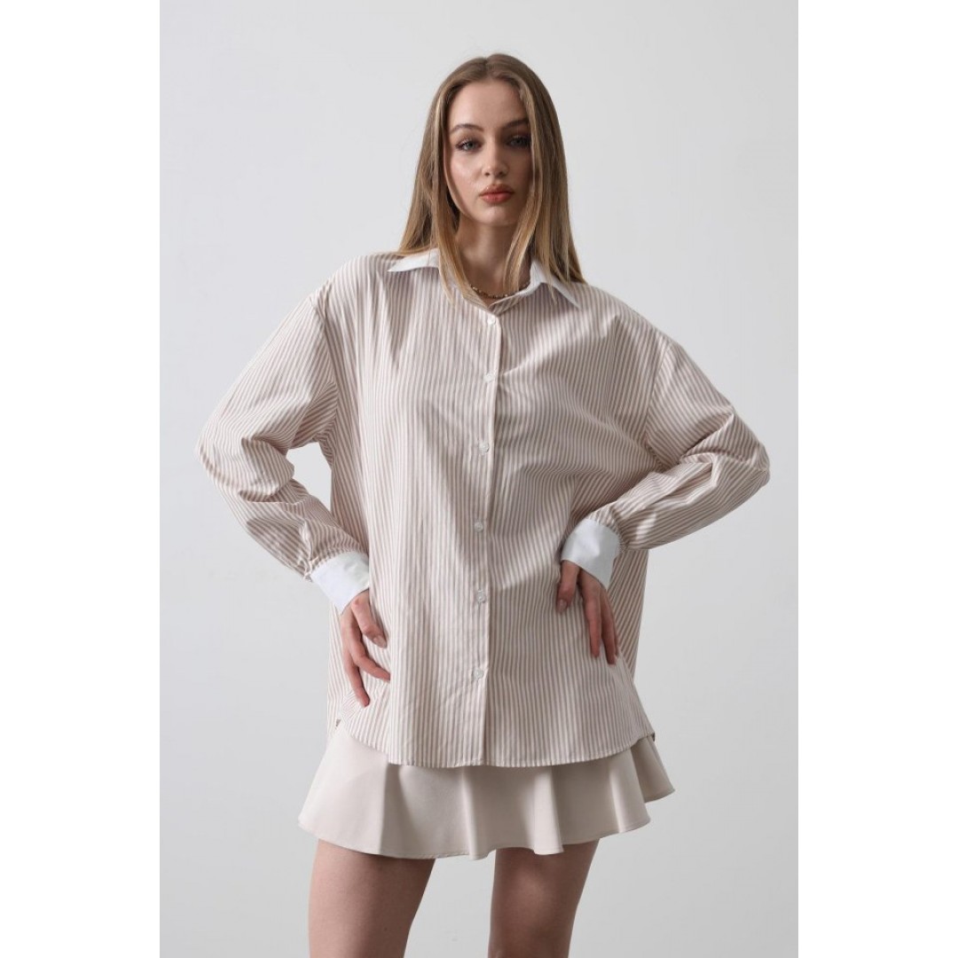 Çizgili Oversize Gömlek - Bej - 151558 Çizgili Oversize Gömlek - Bej - 151558