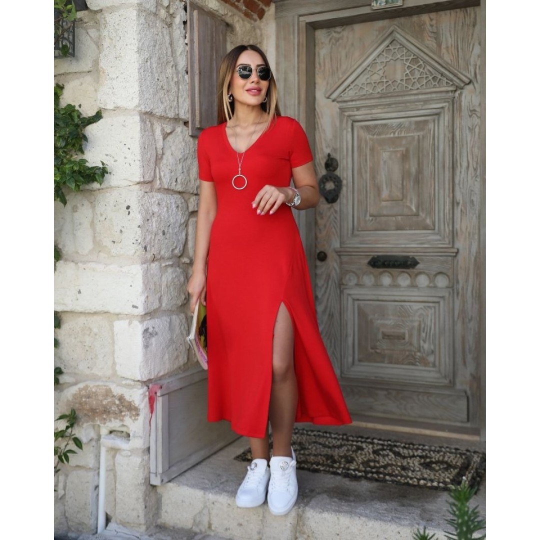 Kadın Kısa Kollu V Yaka Maxi Boy Elbise 124 Cm - 54826 Kadın Kısa Kollu V Yaka Maxi Boy Elbise 124 Cm - 54826