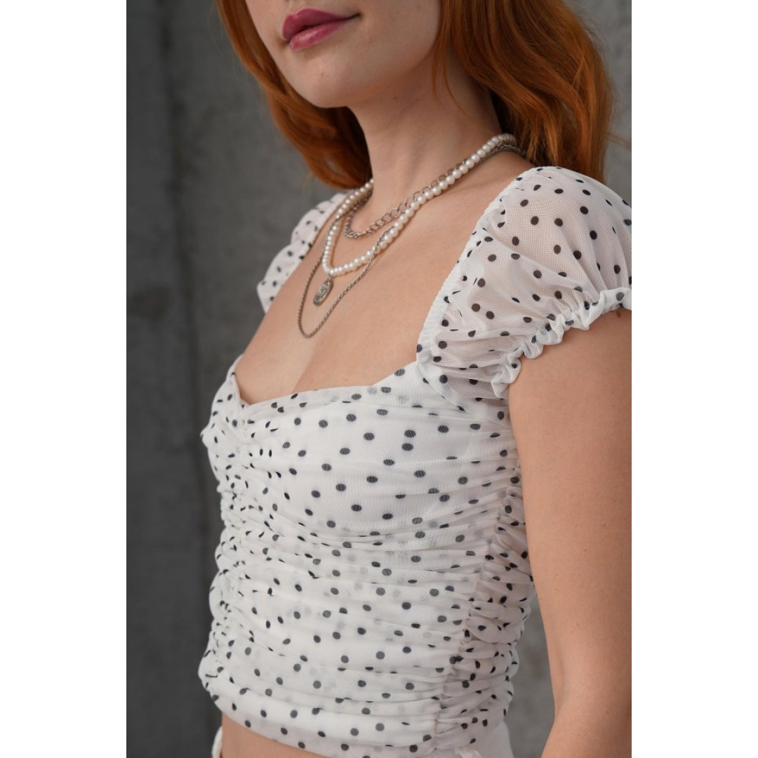 Puantiyeli Belden Oturtmalı Tül Beyaz Bluz 149600 Puantiyeli Belden Oturtmalı Tül Beyaz Bluz 149600