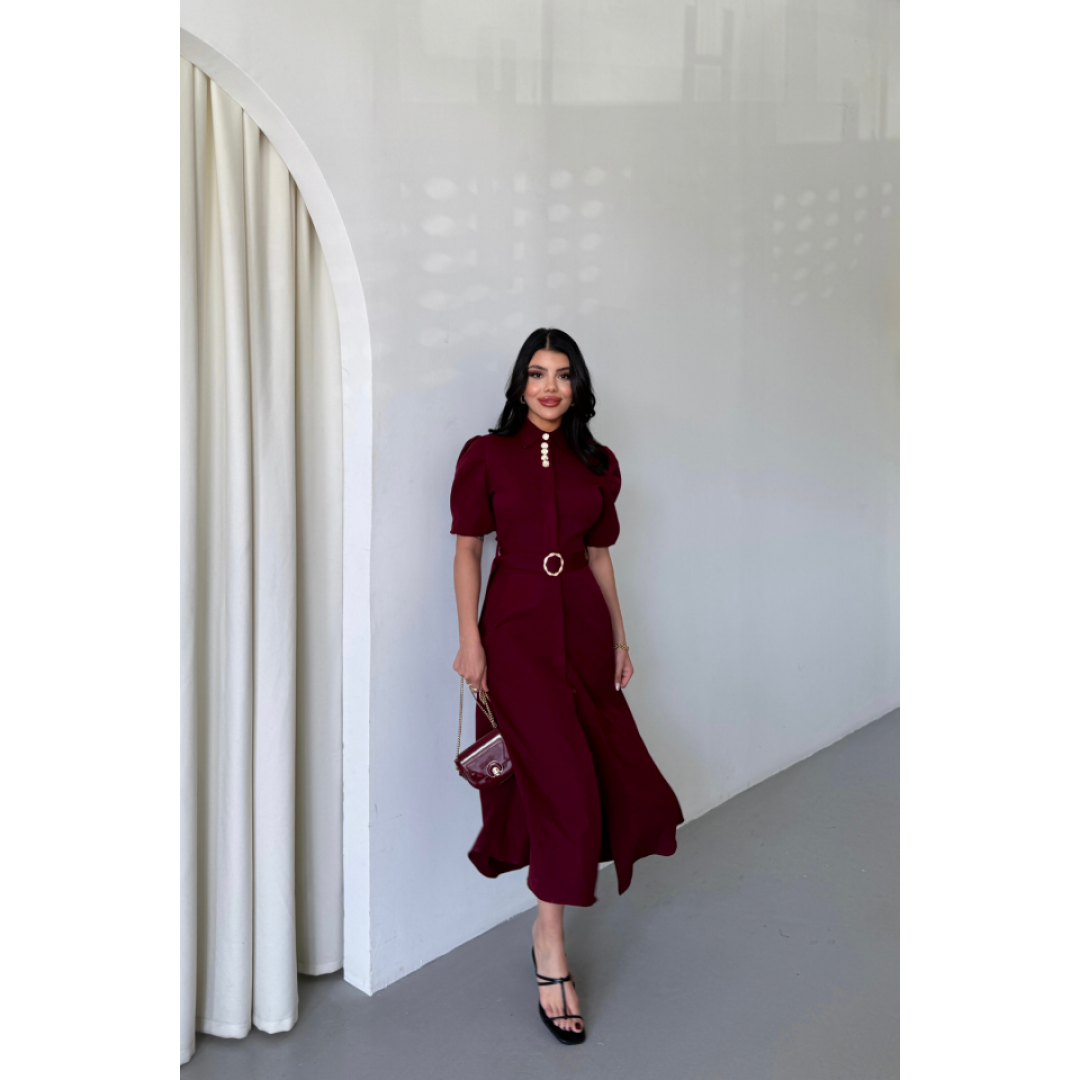YAKA DÜĞME DETAYLI ELBİSE- Bordo