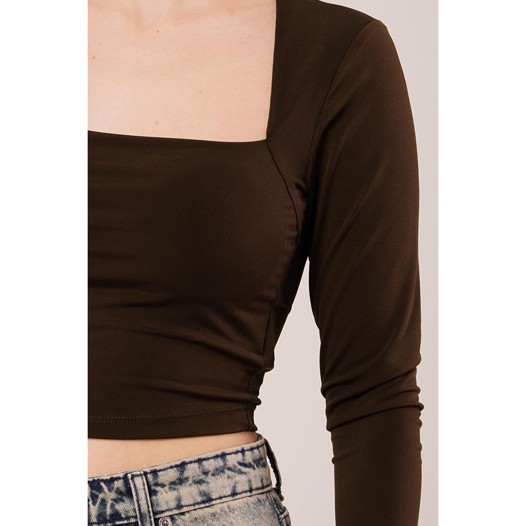 Kare Yaka Basic Kahverengi Bluz - 147545 Kare Yaka Basic Kahverengi Bluz - 147545