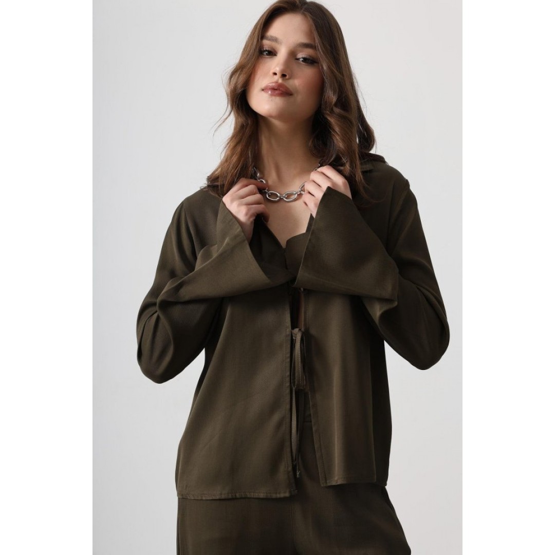 Önden Biyeli Bluz Ve Pantolon Takım - Haki 151435 Önden Biyeli Bluz Ve Pantolon Takım - Haki 151435
