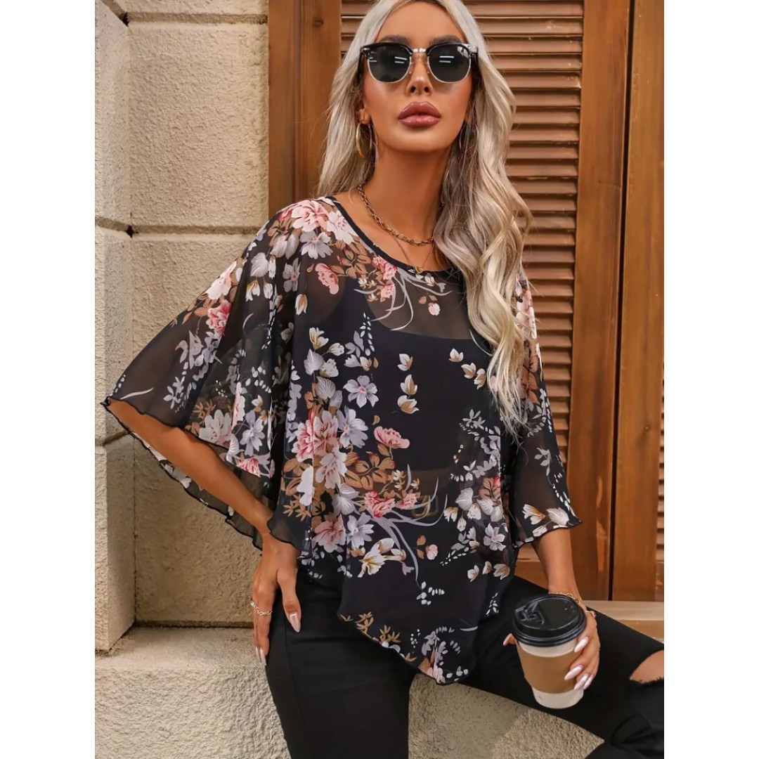 Kadın Kısa Kollu Yuvarlak Yaka çiçek Baskılı Asimetrik Kesim şifon Bluz - 151070 Kadın Kısa Kollu Yuvarlak Yaka çiçek Baskılı Asimetrik Kesim şifon Bluz - 151070