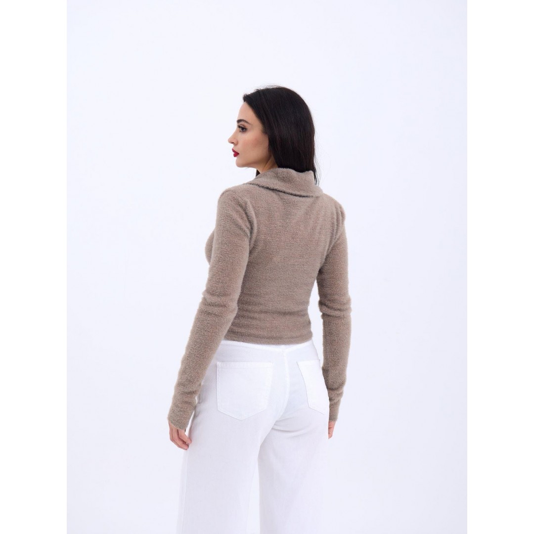 42531 TRİKO SİMLİ YAKALI CROP-KAHVE 144095