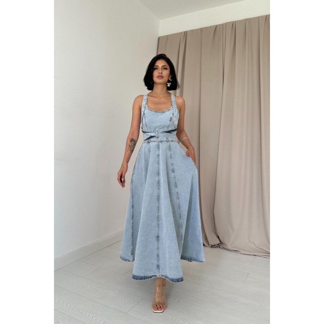 Kar Yıkama Midi Boy Bantlı Kot Elbise - 156272 Kar Yıkama Midi Boy Bantlı Kot Elbise - 156272