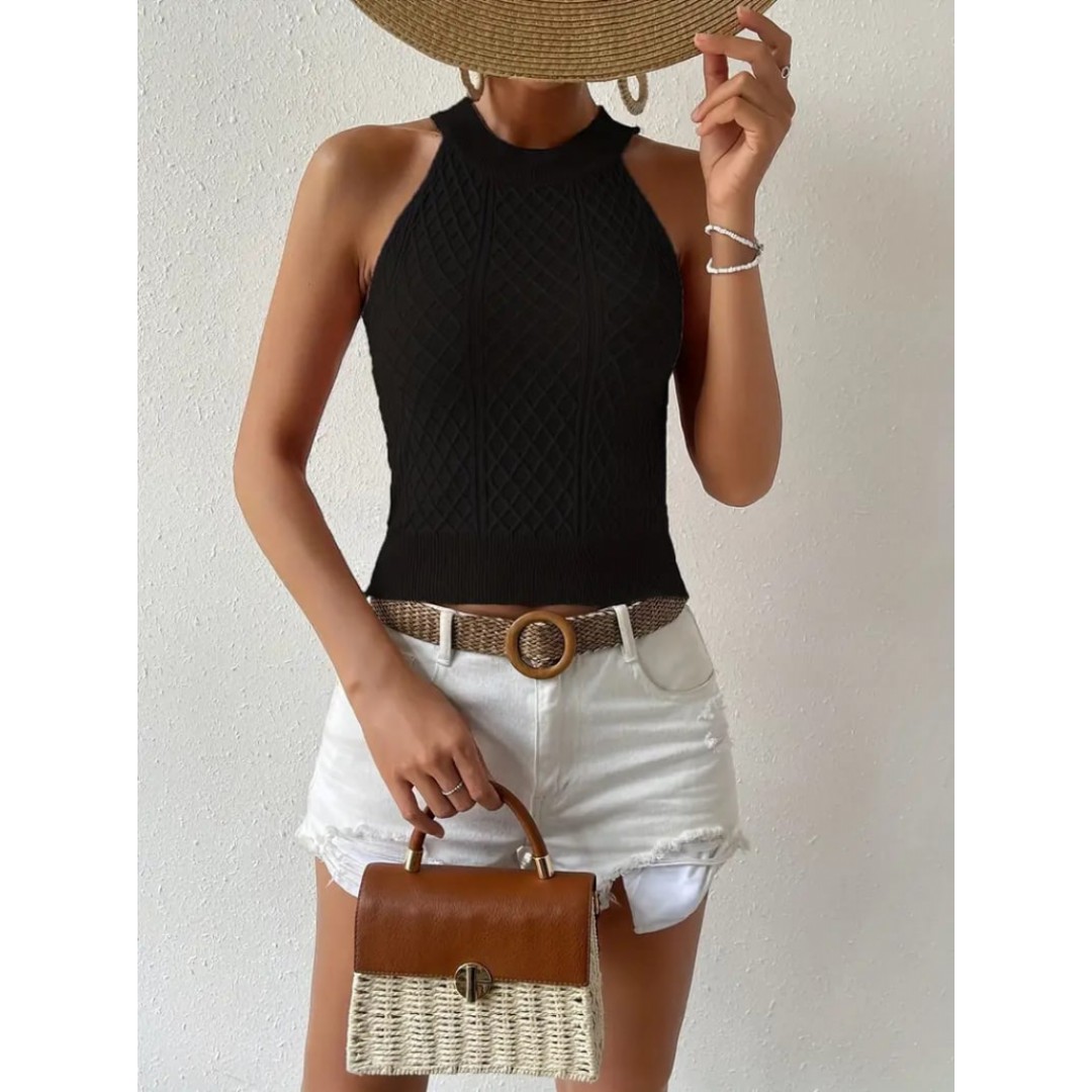 Kadın Kolsuz Halter Yaka Mini Baklava Desenli Triko Bluz - 159562 Kadın Kolsuz Halter Yaka Mini Baklava Desenli Triko Bluz - 159562