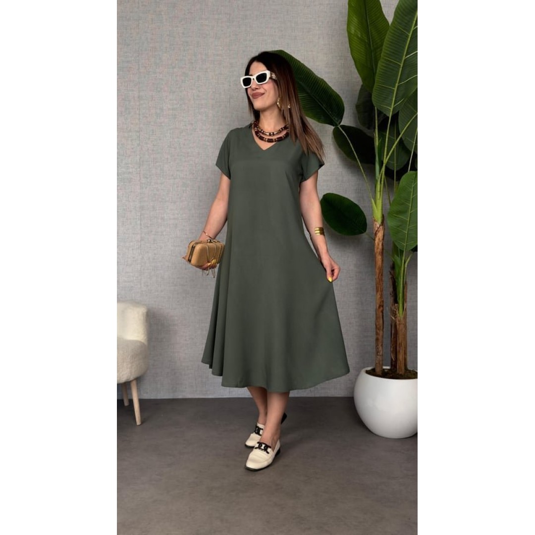 Kadın Kısa Kollu V Yaka Salaş Maxi Boy Elbise - 162486 Kadın Kısa Kollu V Yaka Salaş Maxi Boy Elbise - 162486