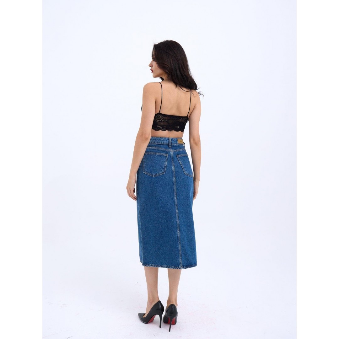6471 DENİM MIDI SLIT SKIRT-KOYU MAVİ - 143158 6471 DENİM MIDI SLIT SKIRT-KOYU MAVİ - 143158
