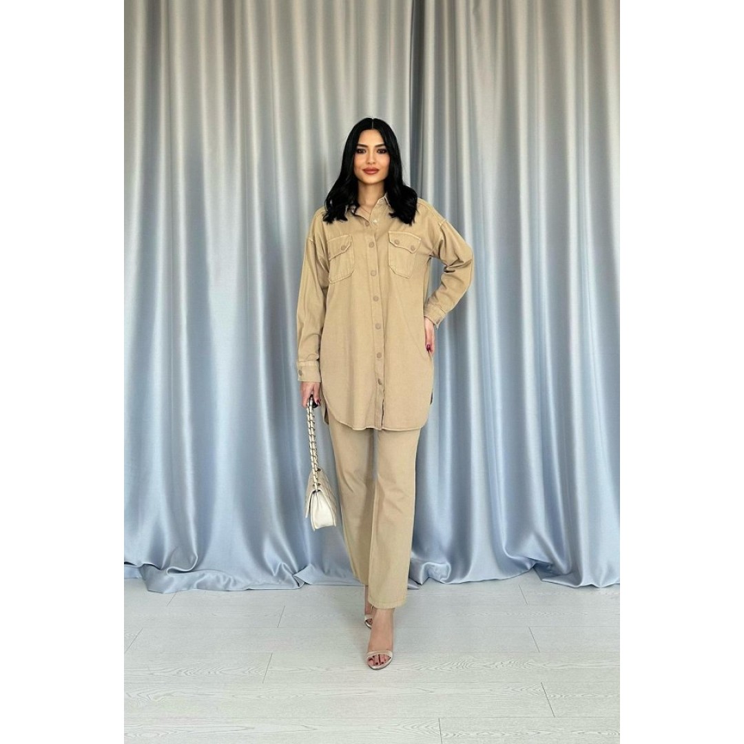 Camel Yıkamalı Gömlek Ve Pantolon Takım