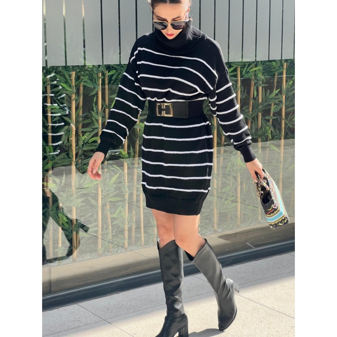 Kadın Uzun Kollu Degaje Yaka çizgili Sonya Iplik Mini Boy Triko Elbise (kemersiz) - 134005 Kadın Uzun Kollu Degaje Yaka çizgili Sonya Iplik Mini Boy Triko Elbise (kemersiz) - 134005