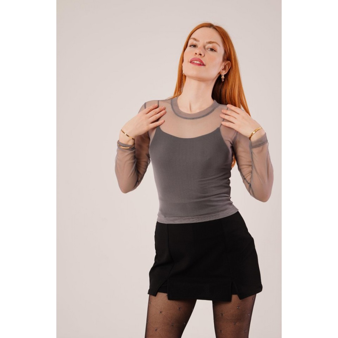 Transparan Gri Tül Basic Bluz 148066 Transparan Gri Tül Basic Bluz 148066