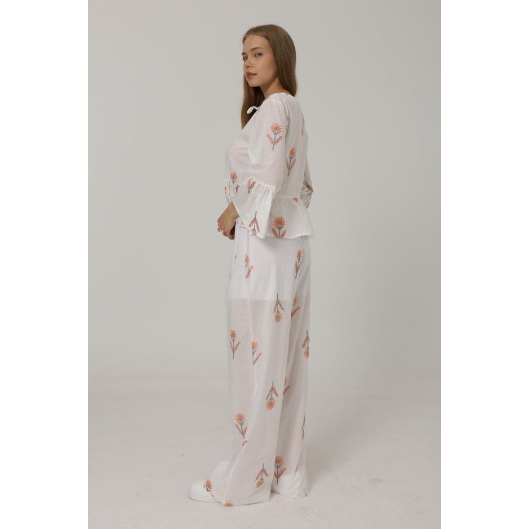 İşlemeli Oversize Pantolon - Beyaz 162570