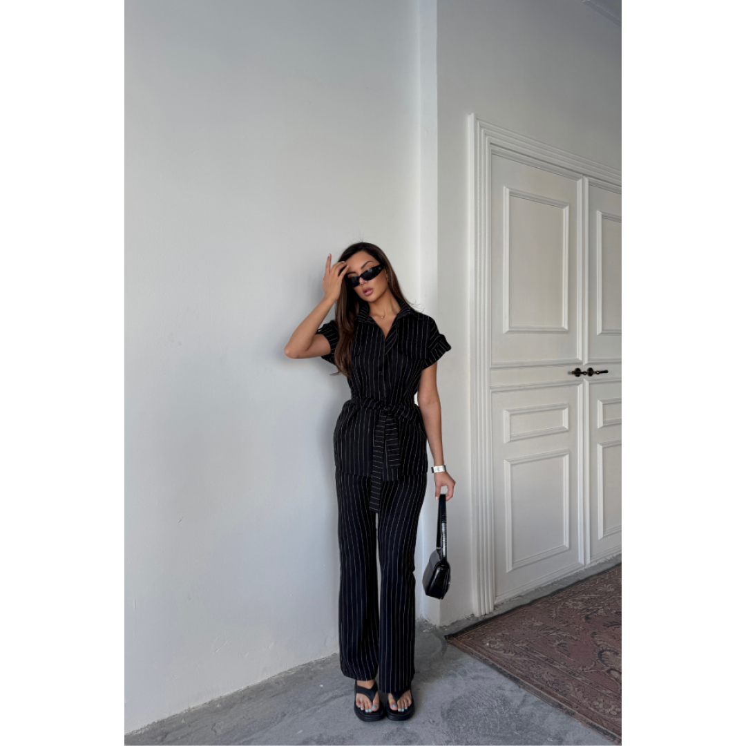 ÇİZGİLİ POLYVİSKON BLUZ - PANTOLON TAKIM - Siyah 159629 ÇİZGİLİ POLYVİSKON BLUZ - PANTOLON TAKIM - Siyah 159629