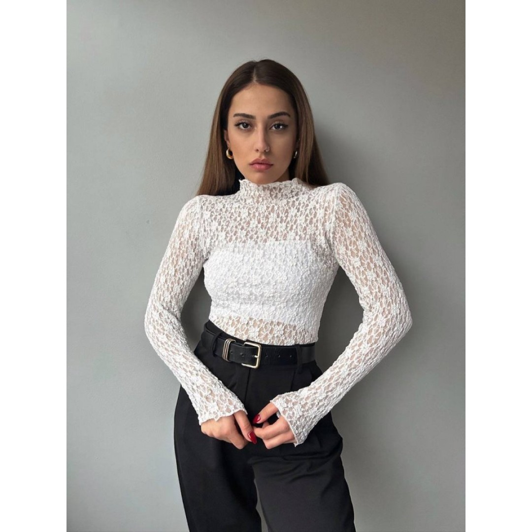 Kadın Likralı Dantel Transparan Uzun Kol Crop Bluz - 156150 Kadın Likralı Dantel Transparan Uzun Kol Crop Bluz - 156150