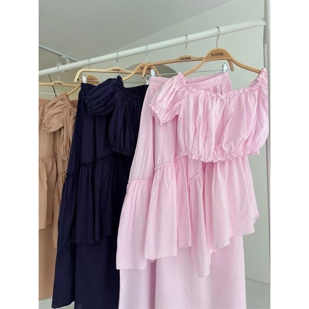 Büzgülü Crop Kat Detaylı Fırfır Etekli Takım 10196 161520 Büzgülü Crop Kat Detaylı Fırfır Etekli Takım 10196 161520