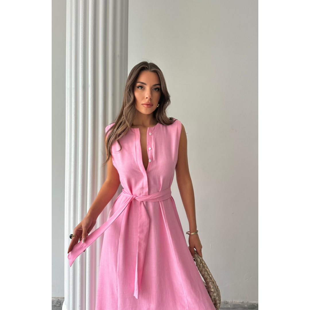 KETEN ELBİSE KOLSUZ BEL BAĞLAMALI MAXİ ELBİSE - Pembe - 161864 KETEN ELBİSE KOLSUZ BEL BAĞLAMALI MAXİ ELBİSE - Pembe - 161864