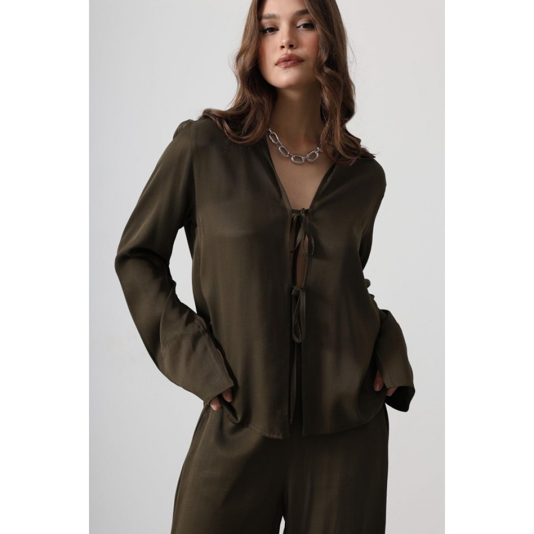Önden Biyeli Bluz Ve Pantolon Takım - Haki 151435 Önden Biyeli Bluz Ve Pantolon Takım - Haki 151435