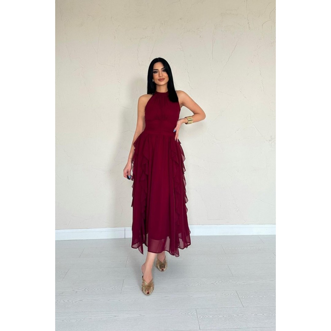Bordo Önü Büzgülü Fırfırlı Elbise - 157461 Bordo Önü Büzgülü Fırfırlı Elbise - 157461