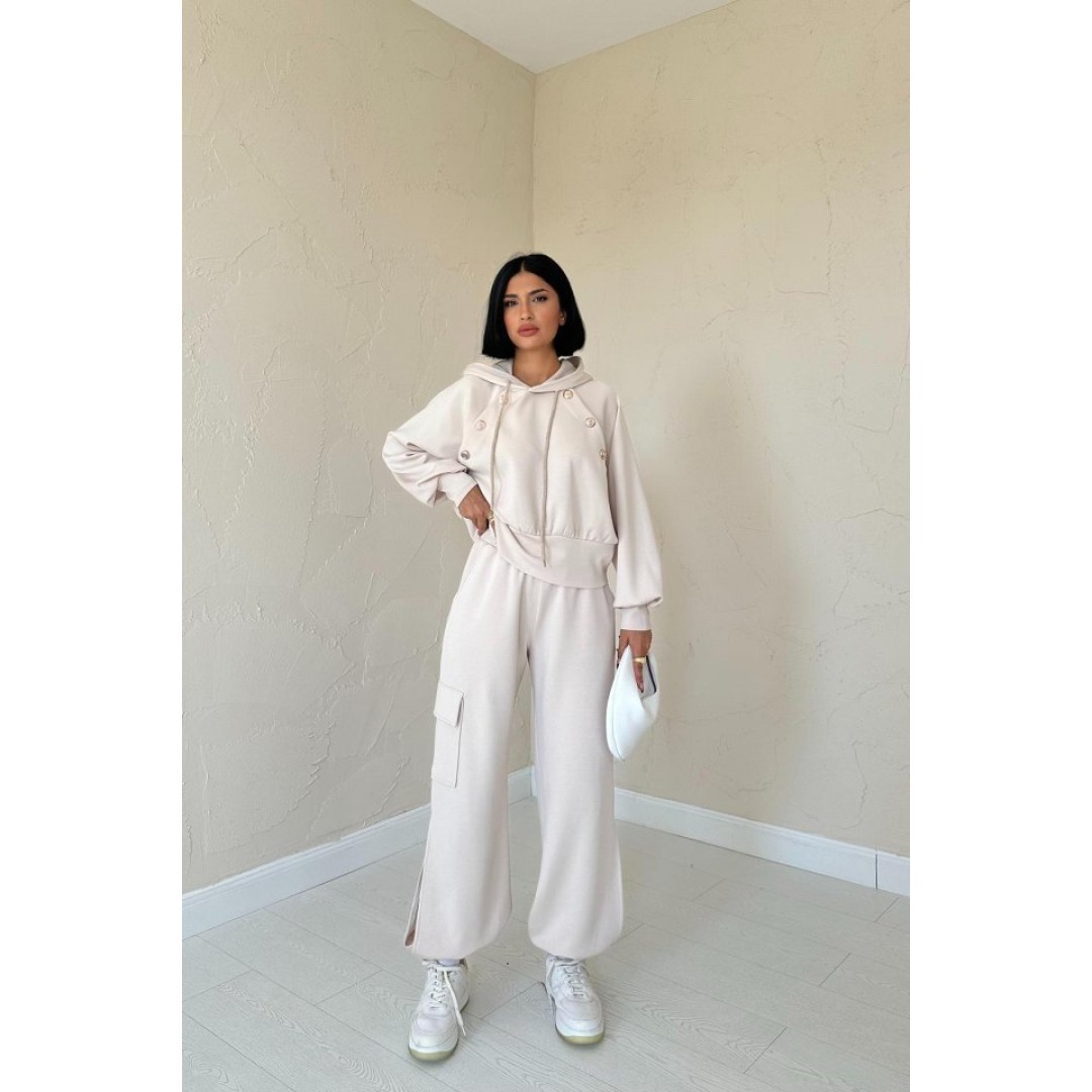 Bej Kapüşonlu Sweatshirt Ve Kargo Pantolon Takım