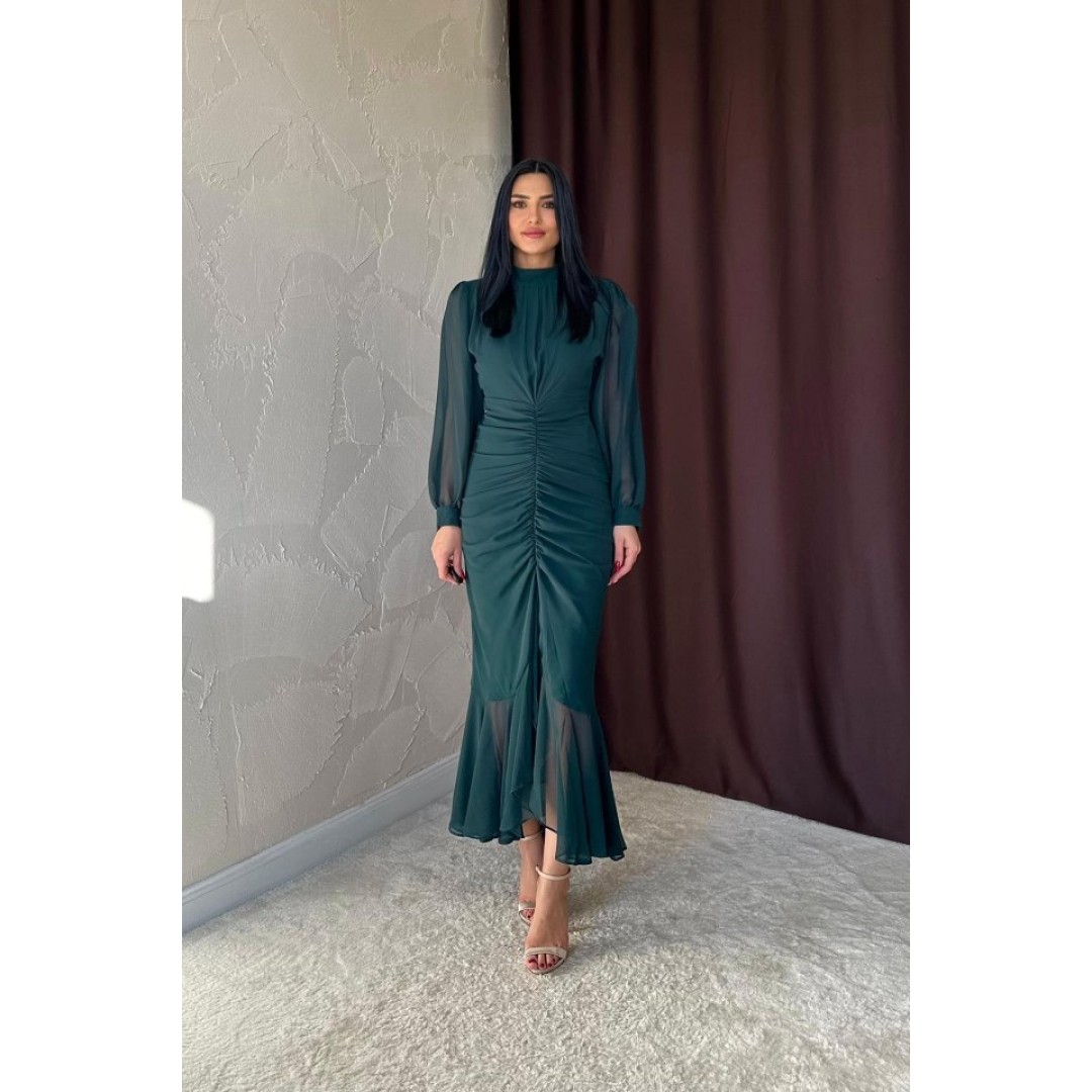 Zümrüt Önü Büzgülü Şifon Elbise 152309