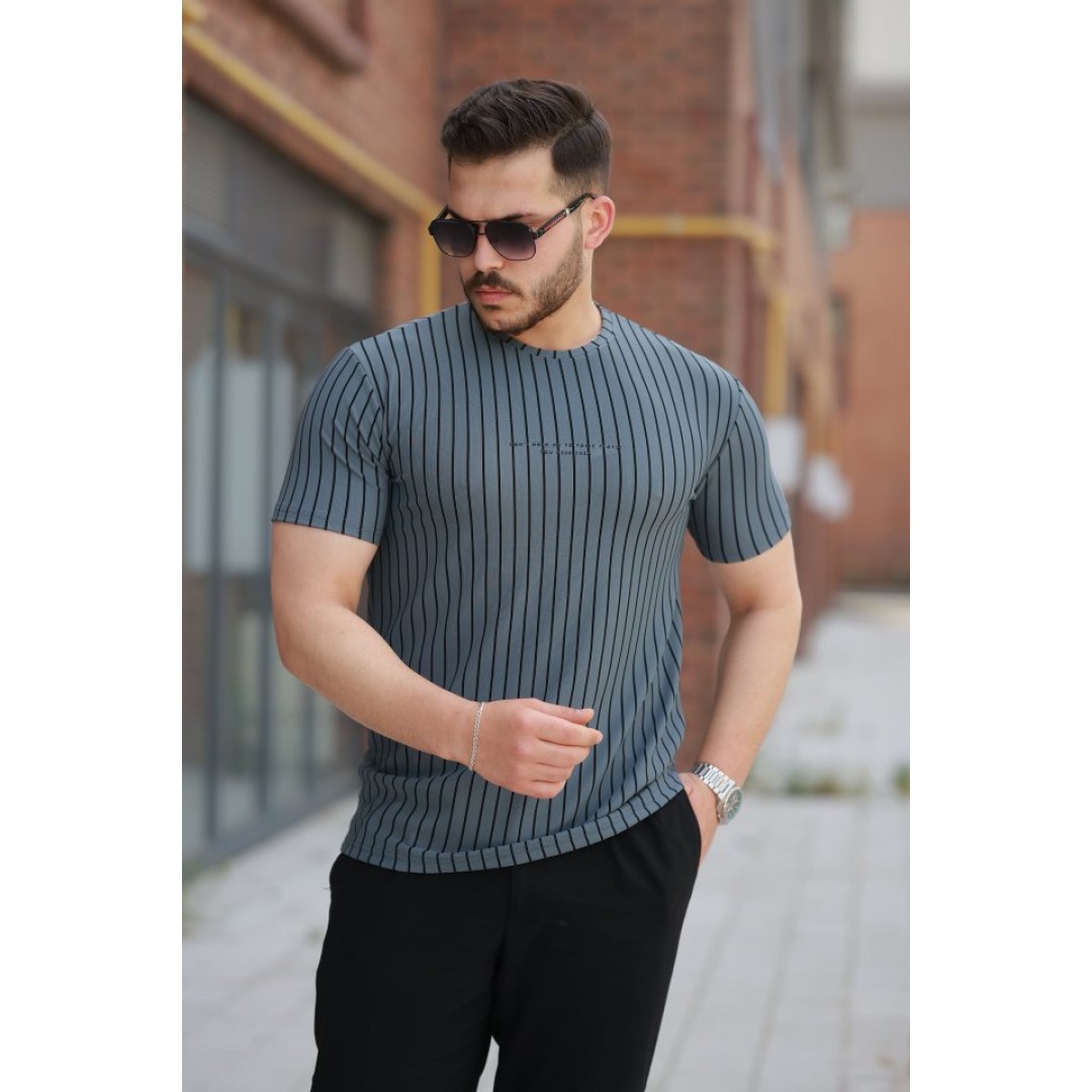Erkek Dikey çizgili Ottoman Kumaş Kısa Kollu T-shirt