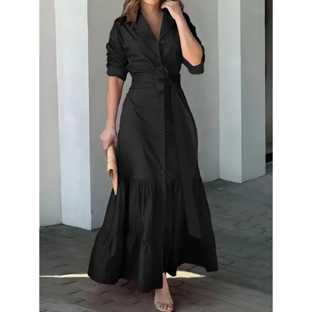 Kadın Uzun Kollu Eteği Fırfırlı Beli Kuşaklı Trikoton Tam Boy Gömlek Elbise - 97123 Kadın Uzun Kollu Eteği Fırfırlı Beli Kuşaklı Trikoton Tam Boy Gömlek Elbise - 97123