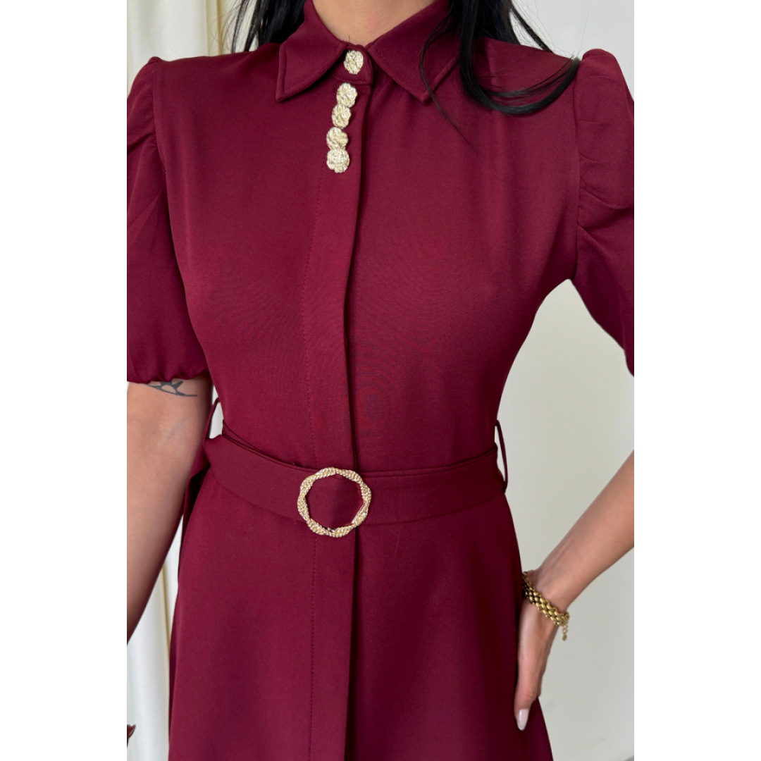 YAKA DÜĞME DETAYLI ELBİSE- Bordo 154396