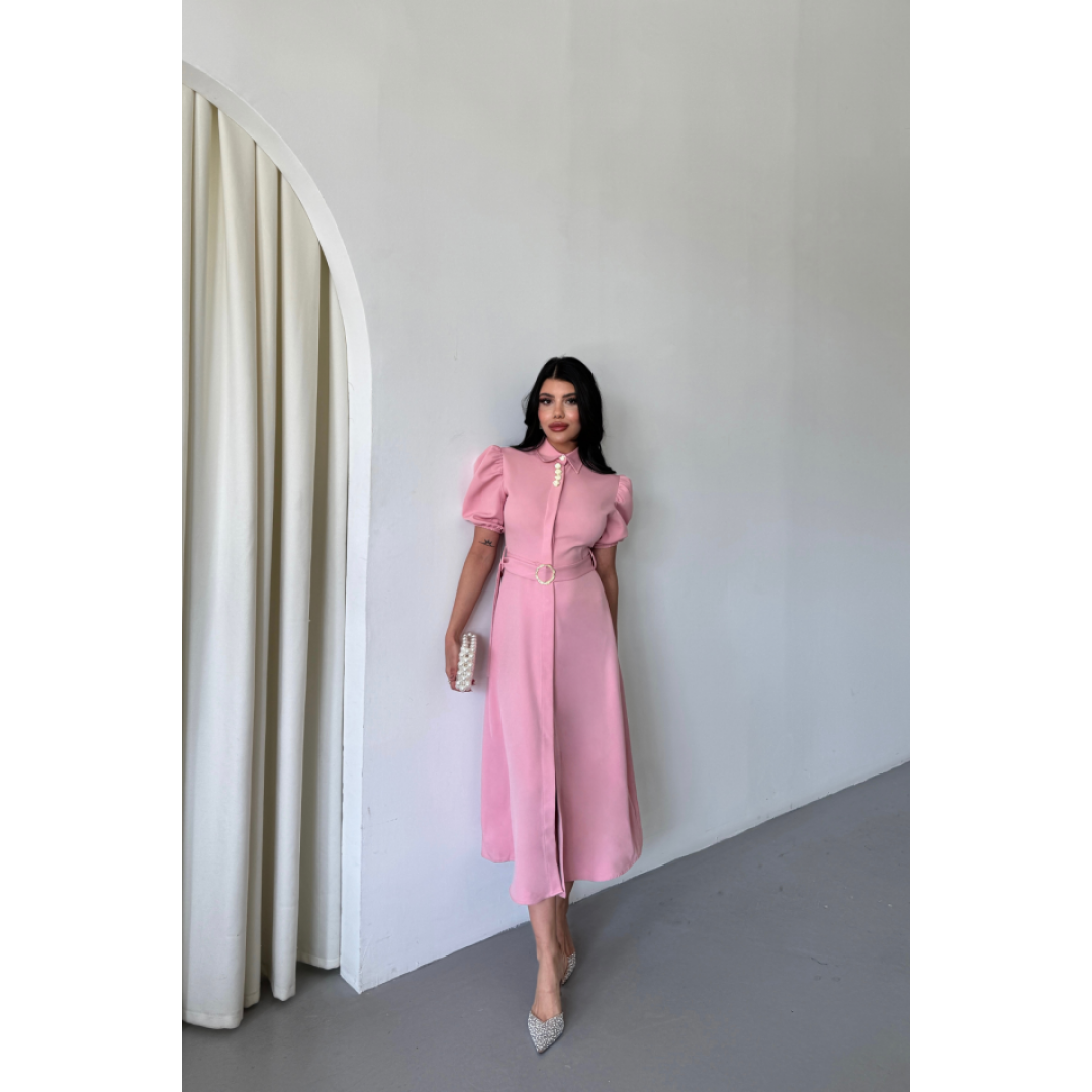 YAKA DÜĞME DETAYLI ELBİSE- Pembe