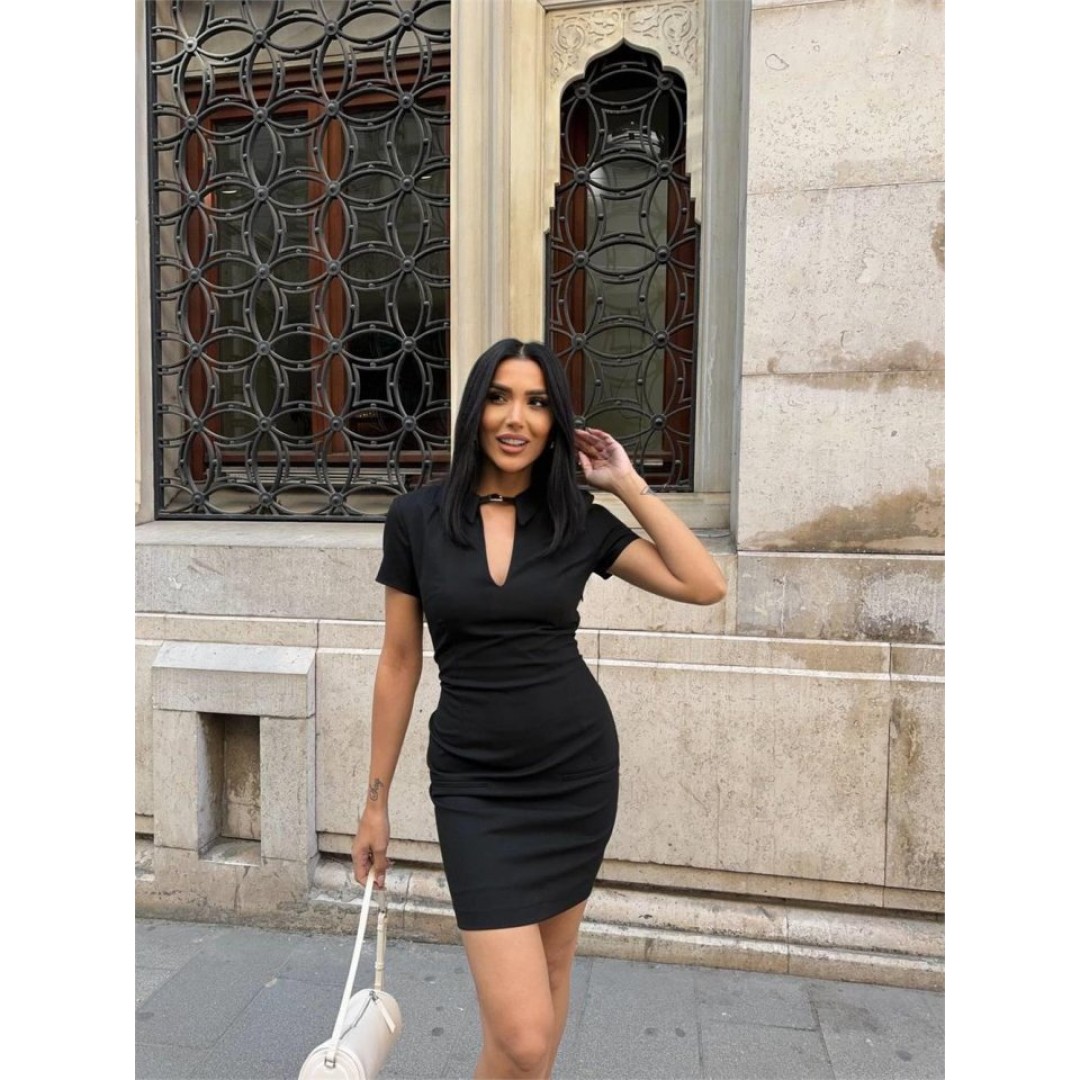 POLO YAKA YAKA KEMER DETAYLI KALEM ELBİSE - Siyah - 152251 POLO YAKA YAKA KEMER DETAYLI KALEM ELBİSE - Siyah - 152251