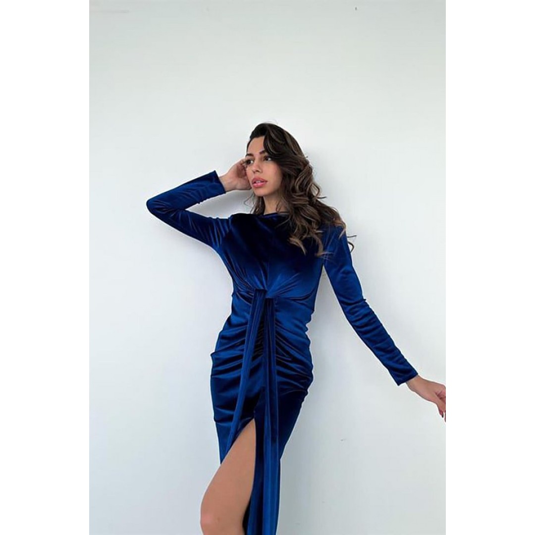 Saks Bağlamalı Kadife Elbise 151754 Saks Bağlamalı Kadife Elbise 151754