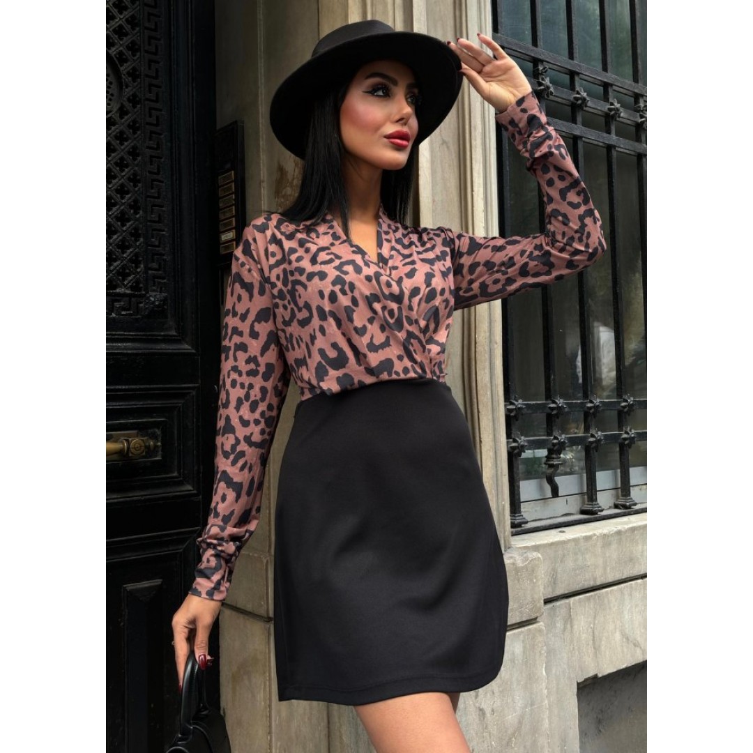 Kadın Uzun Kollu Kruvaze Yaka Krep Mini Boy Elbise - 134284 Kadın Uzun Kollu Kruvaze Yaka Krep Mini Boy Elbise - 134284