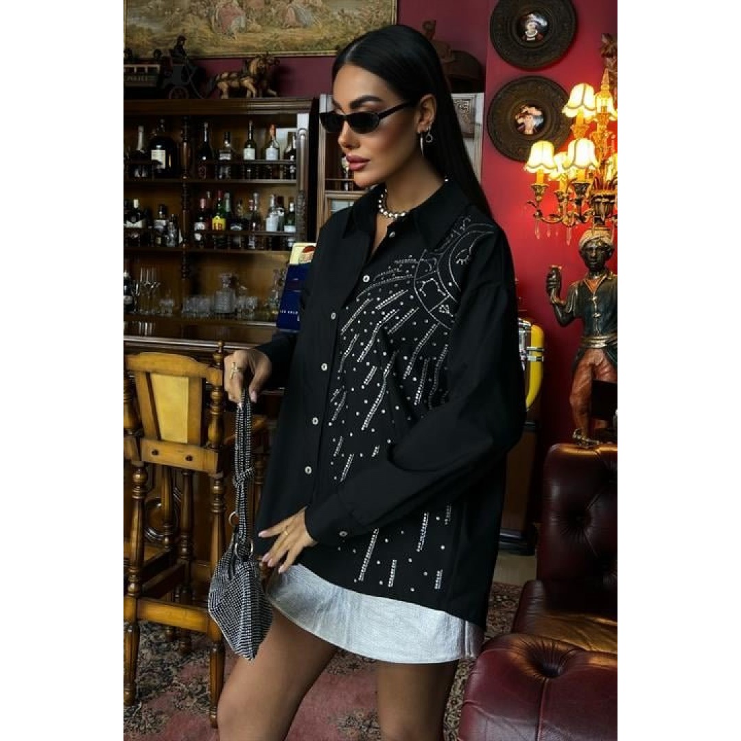 Ay Figürlü Taş İşlemeli Poplin Gömlek 3440 158503 Ay Figürlü Taş İşlemeli Poplin Gömlek 3440 158503