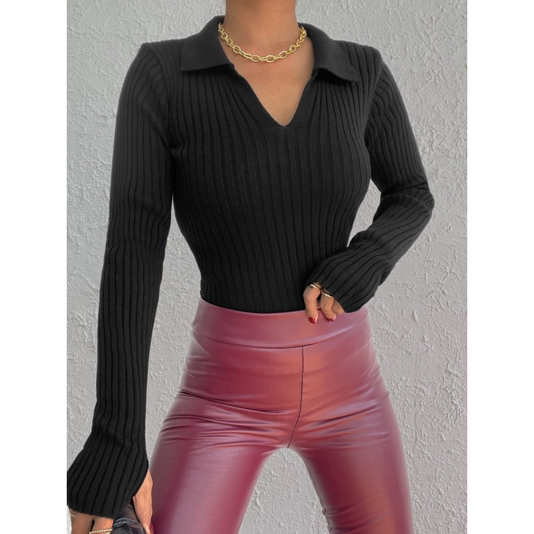 Kadın Siyah Polo Yaka Parmak Detay Triko Bluz 2047 132289 Kadın Siyah Polo Yaka Parmak Detay Triko Bluz 2047 132289