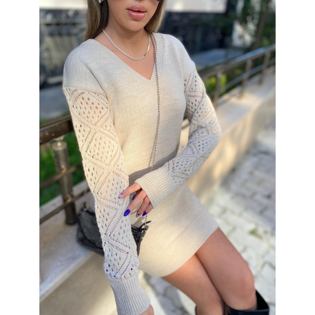 Kadın Uzun Kollu V Yakalı Mini Triko Elbise - 133371 Kadın Uzun Kollu V Yakalı Mini Triko Elbise - 133371