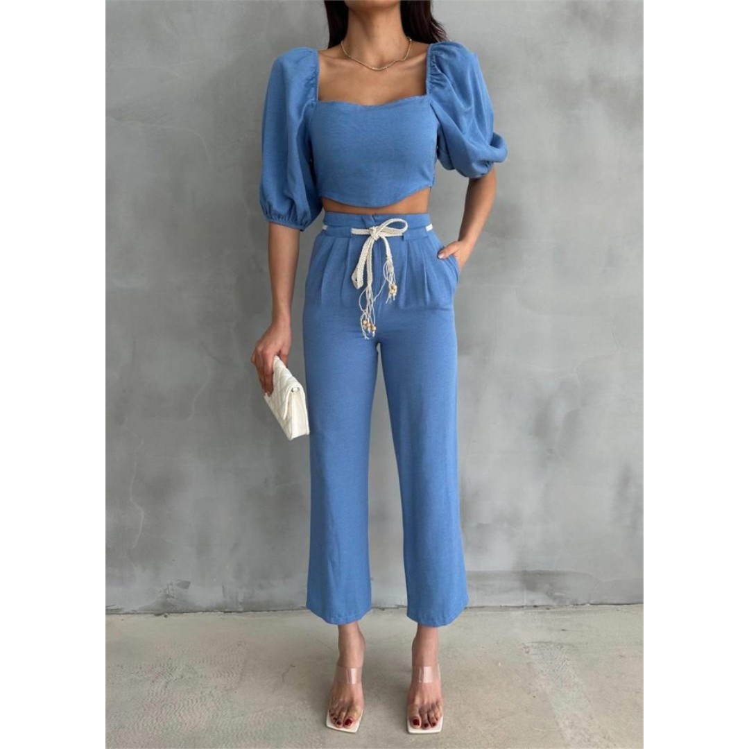 KETEN CROP KARPUZ KOL BLUZ-PANTOLON HASIR KEMERLİ - Mavi 152496 KETEN CROP KARPUZ KOL BLUZ-PANTOLON HASIR KEMERLİ - Mavi 152496