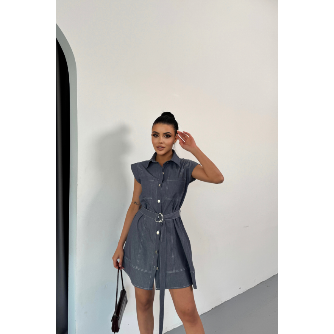 GÖMLEK ELBİSE KOLSUZ TENCEL KUMAŞ - Mavi - 158648 GÖMLEK ELBİSE KOLSUZ TENCEL KUMAŞ - Mavi - 158648