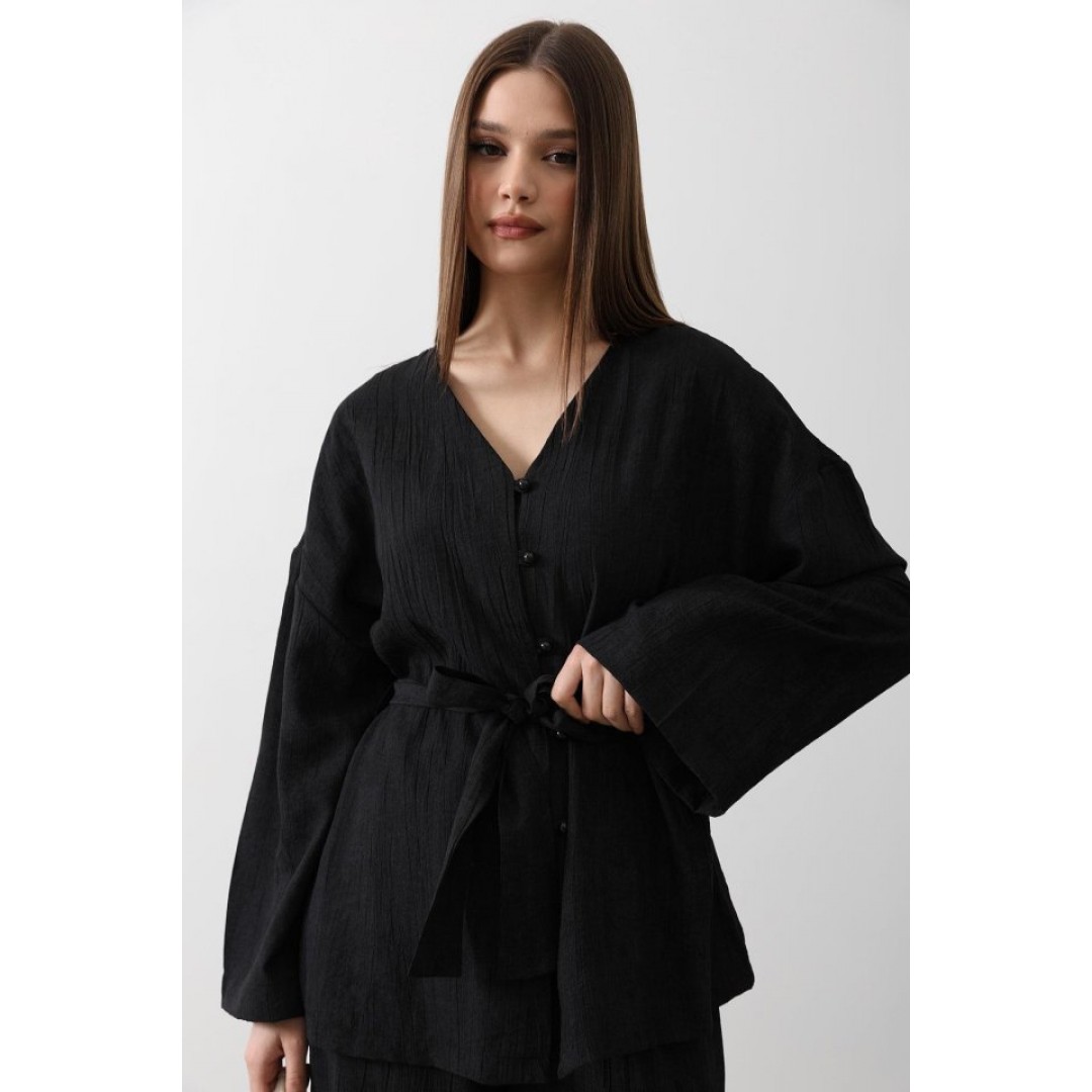 Beli Bağlamalı Tunik Ve Beli Bağlamalı Pantolon Takım - Siyah 159313