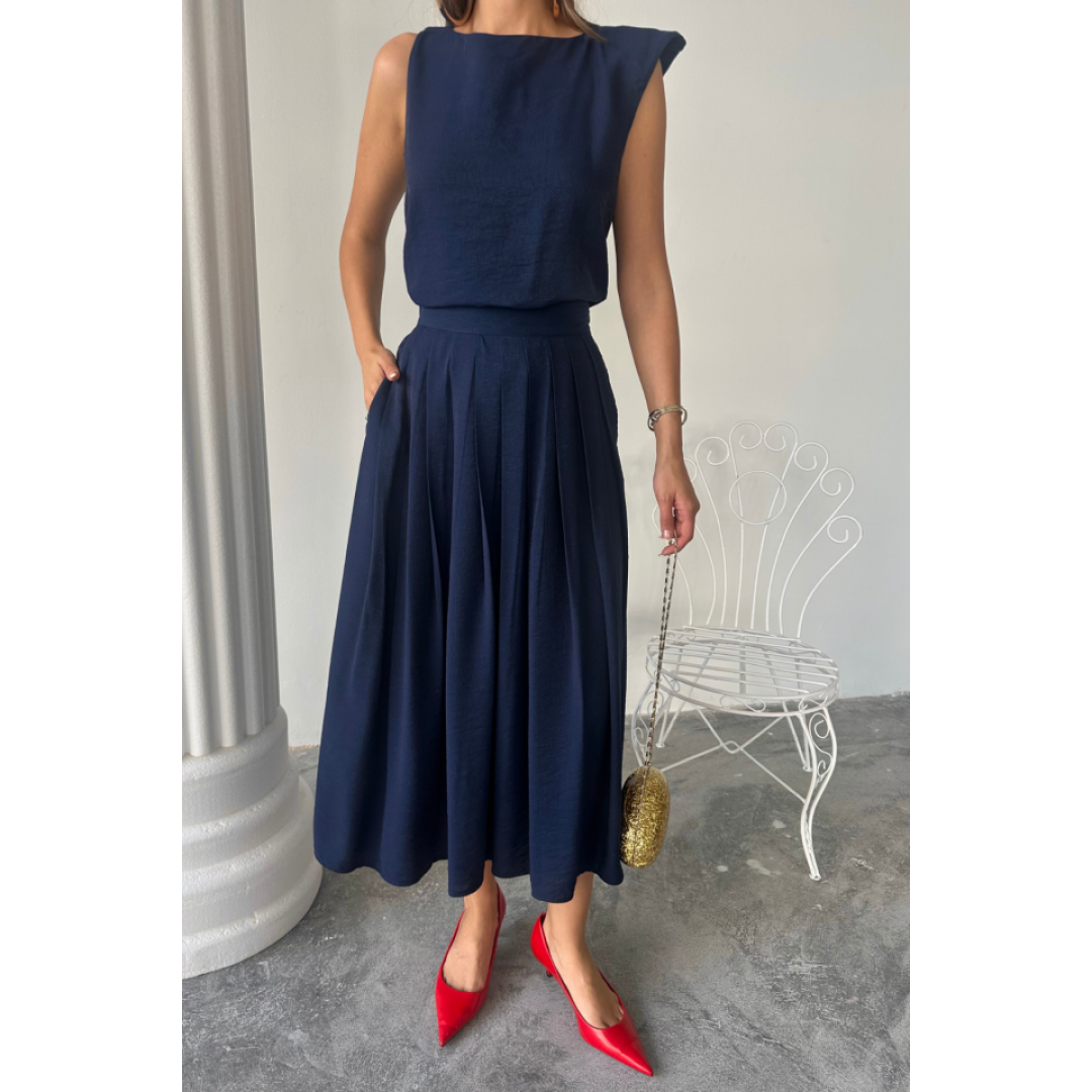 KETEN KOLSUZ BLUZ - MAXİ ETEK TAKIM - Lacivert 161851 KETEN KOLSUZ BLUZ - MAXİ ETEK TAKIM - Lacivert 161851
