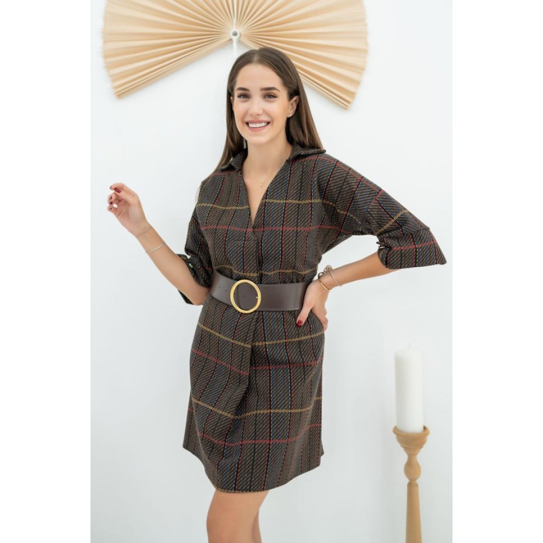 Kahverengi Kemerli Çizgili Mini Elbise - 151033 Kahverengi Kemerli Çizgili Mini Elbise - 151033