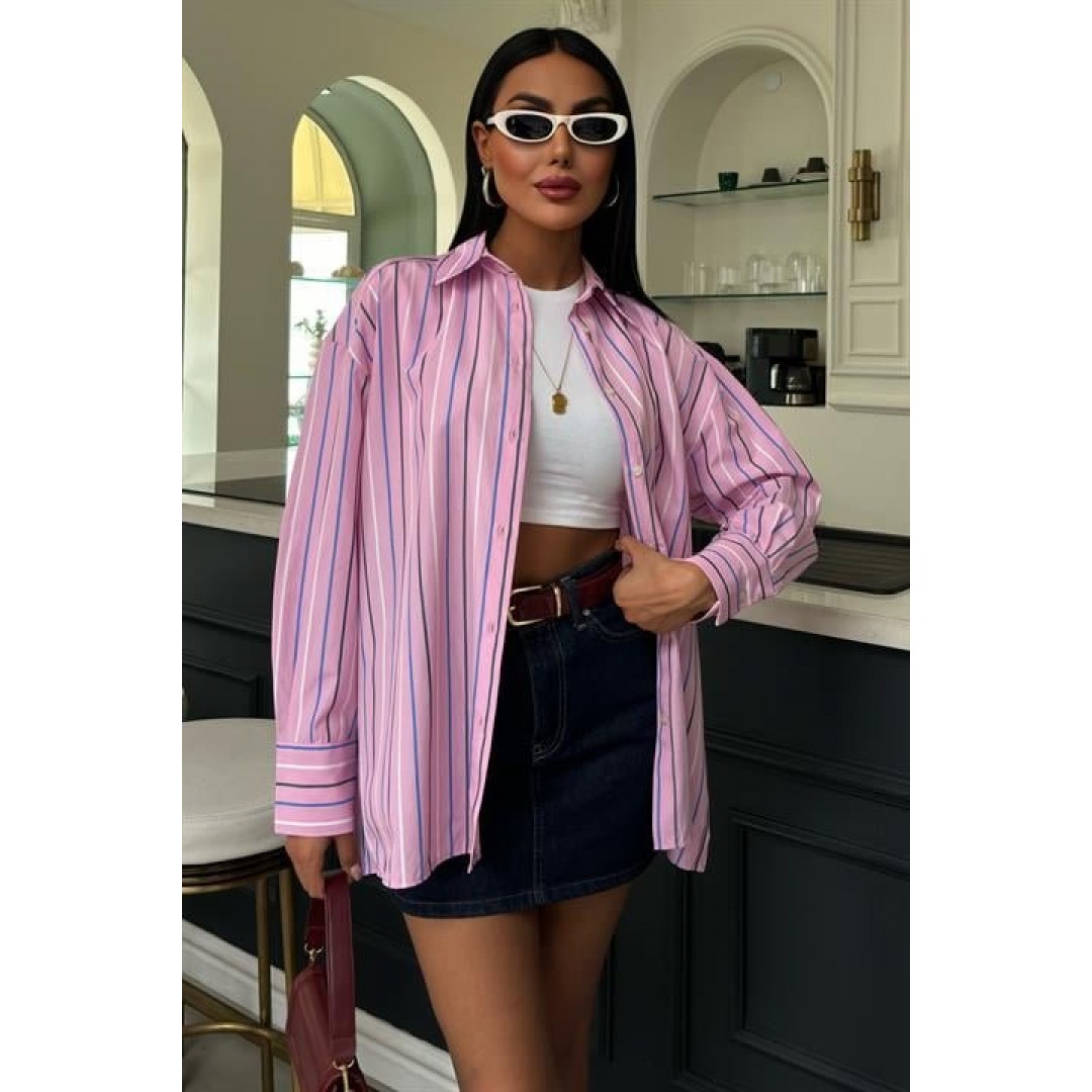 Çizgili Pembe Poplin Gömlek 3451 158528 Çizgili Pembe Poplin Gömlek 3451 158528