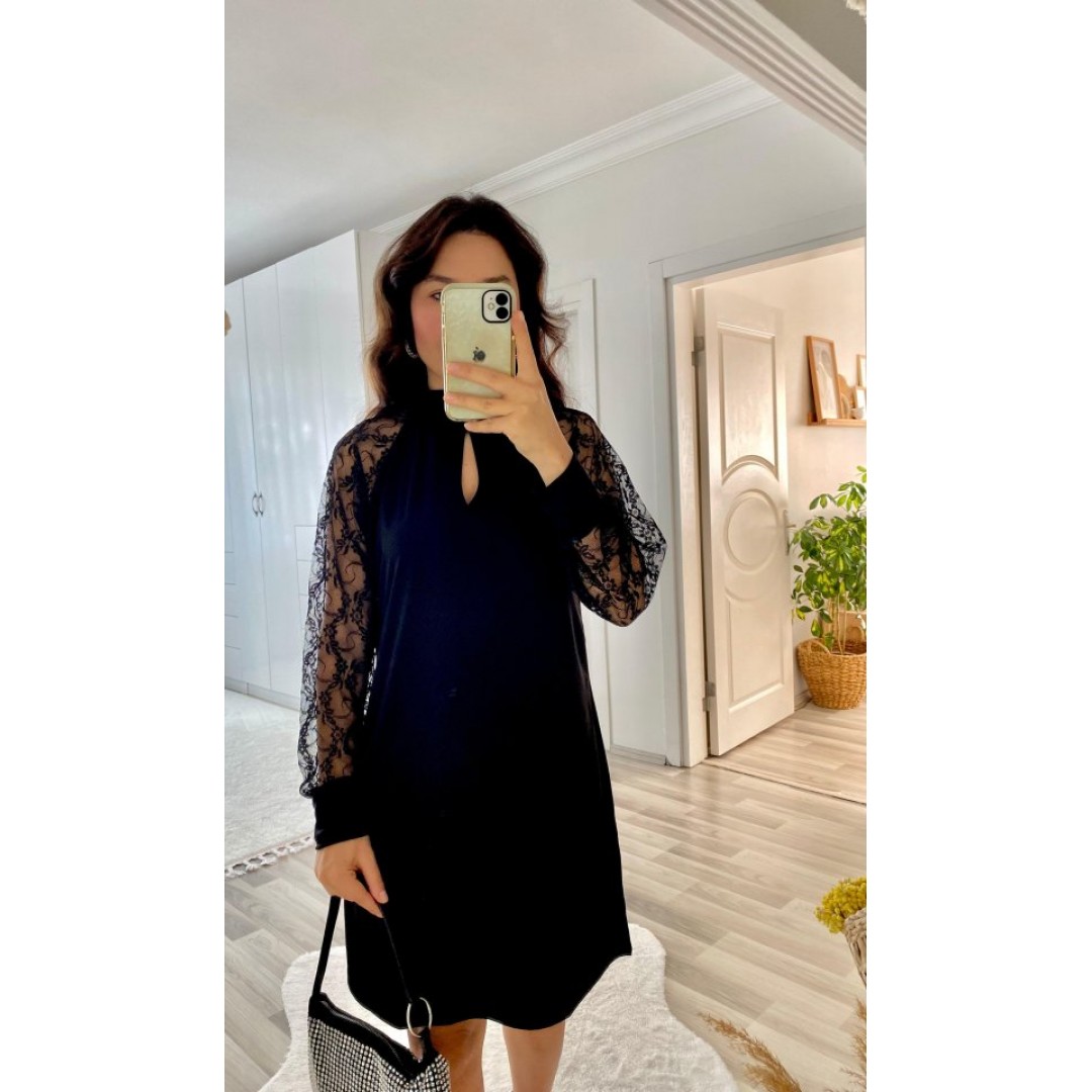 Kadın Uzun Kollu Tül Detay Sandy Mini Boy Elbise - 132965 Kadın Uzun Kollu Tül Detay Sandy Mini Boy Elbise - 132965
