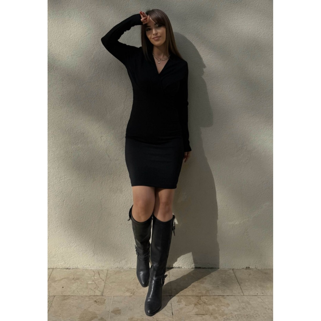 Kadın Uzun Kollu Kruvaze Yaka Krep Mini Boy Elbise - 135180 Kadın Uzun Kollu Kruvaze Yaka Krep Mini Boy Elbise - 135180
