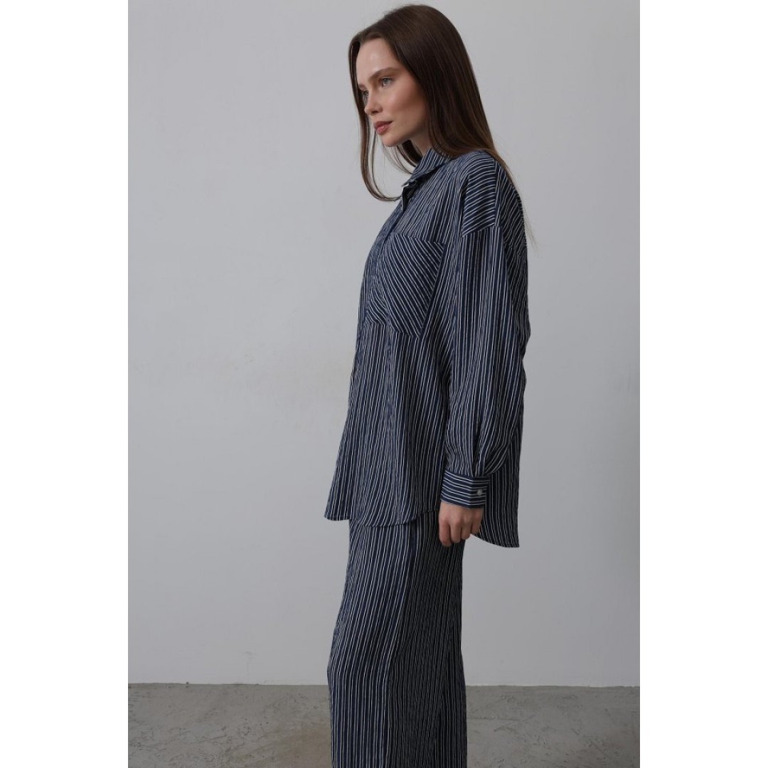 Çizgili Cep Detaylı Oversize Takım - Lacivert 152832
