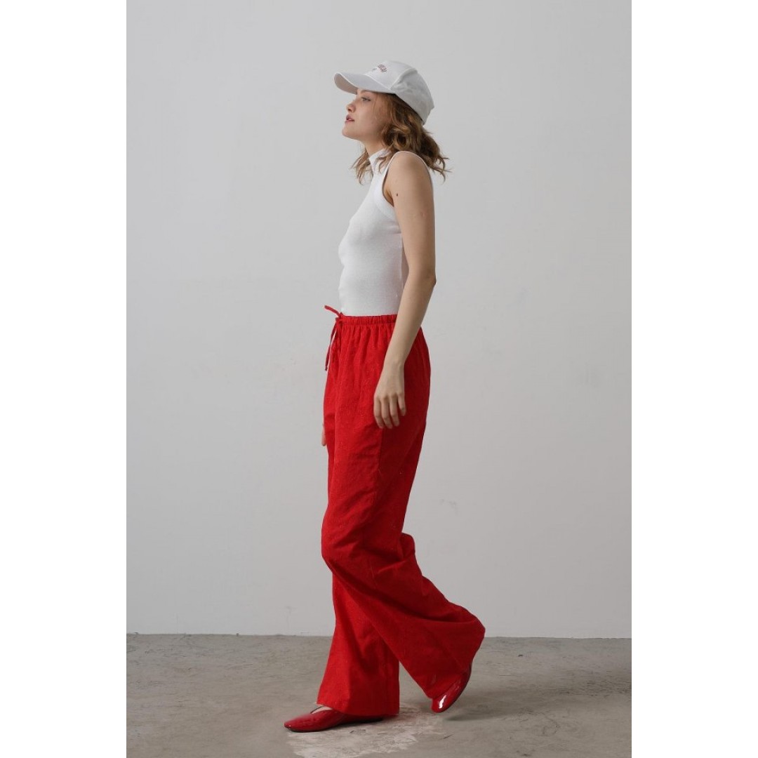 Beli Bağlamalı Brode Pantolon - Kırmızı 157478 Beli Bağlamalı Brode Pantolon - Kırmızı 157478