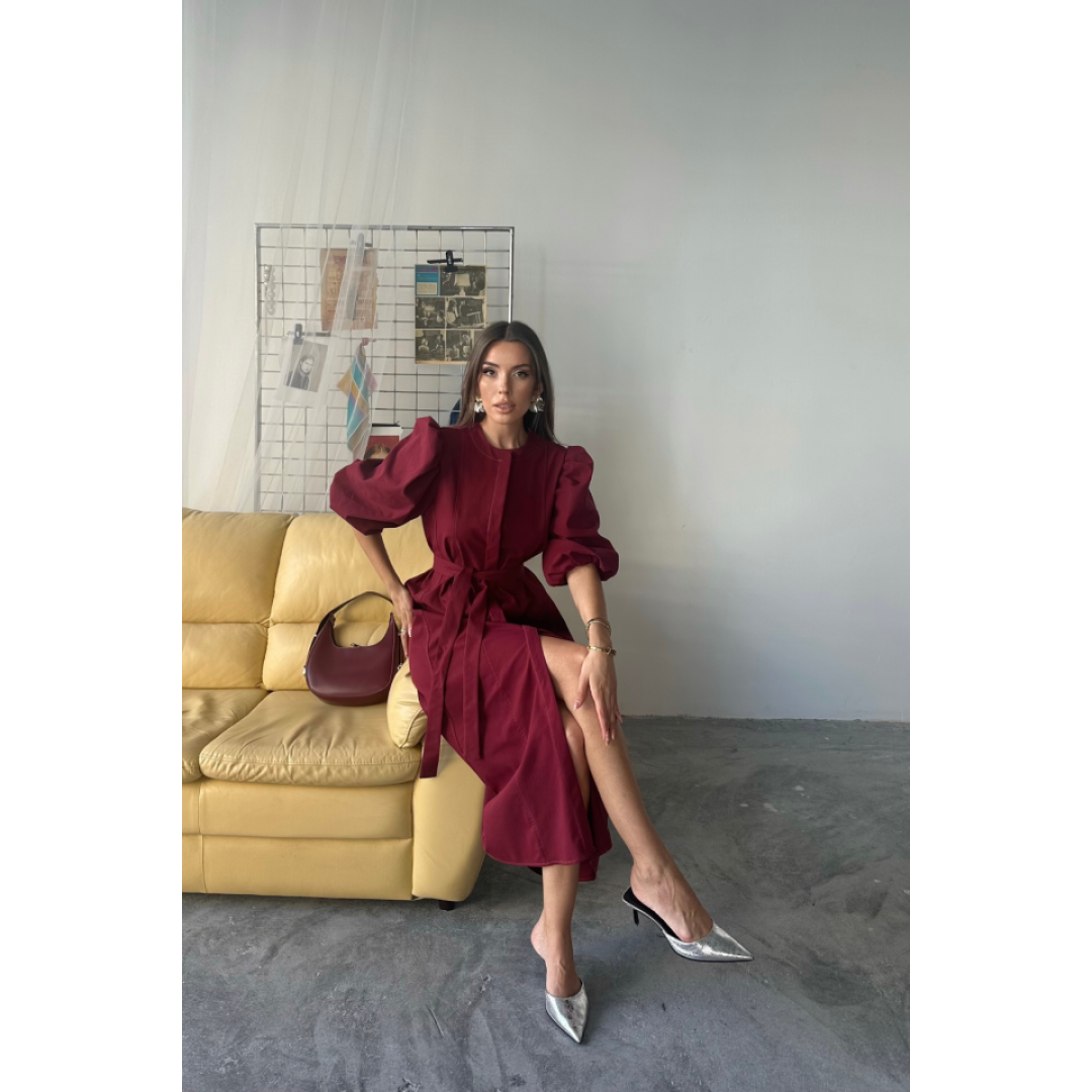 TENCEL KARPUZ KOL ELBİSE - Bordo