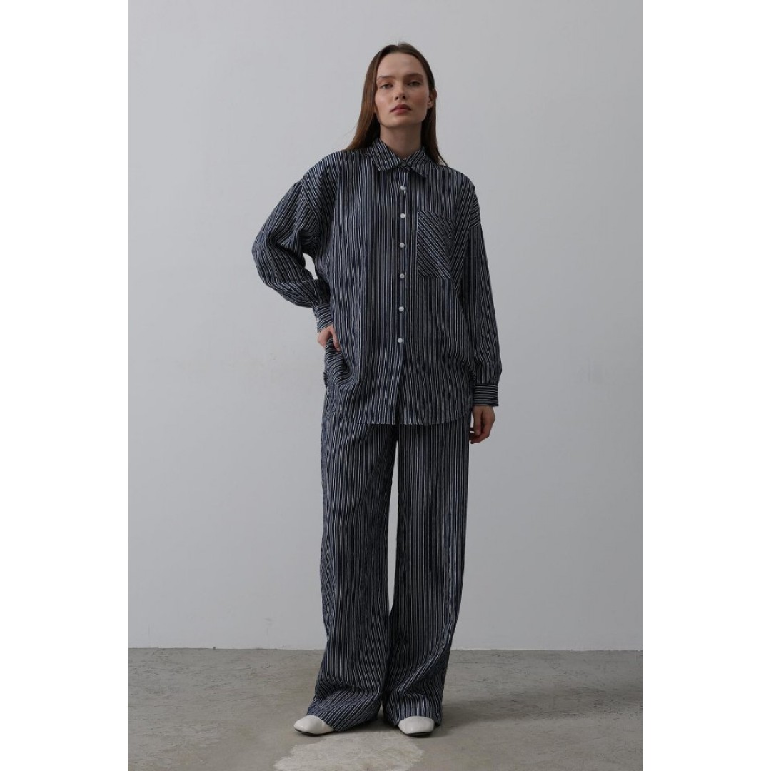 Çizgili Cep Detaylı Oversize Takım - Lacivert 152832