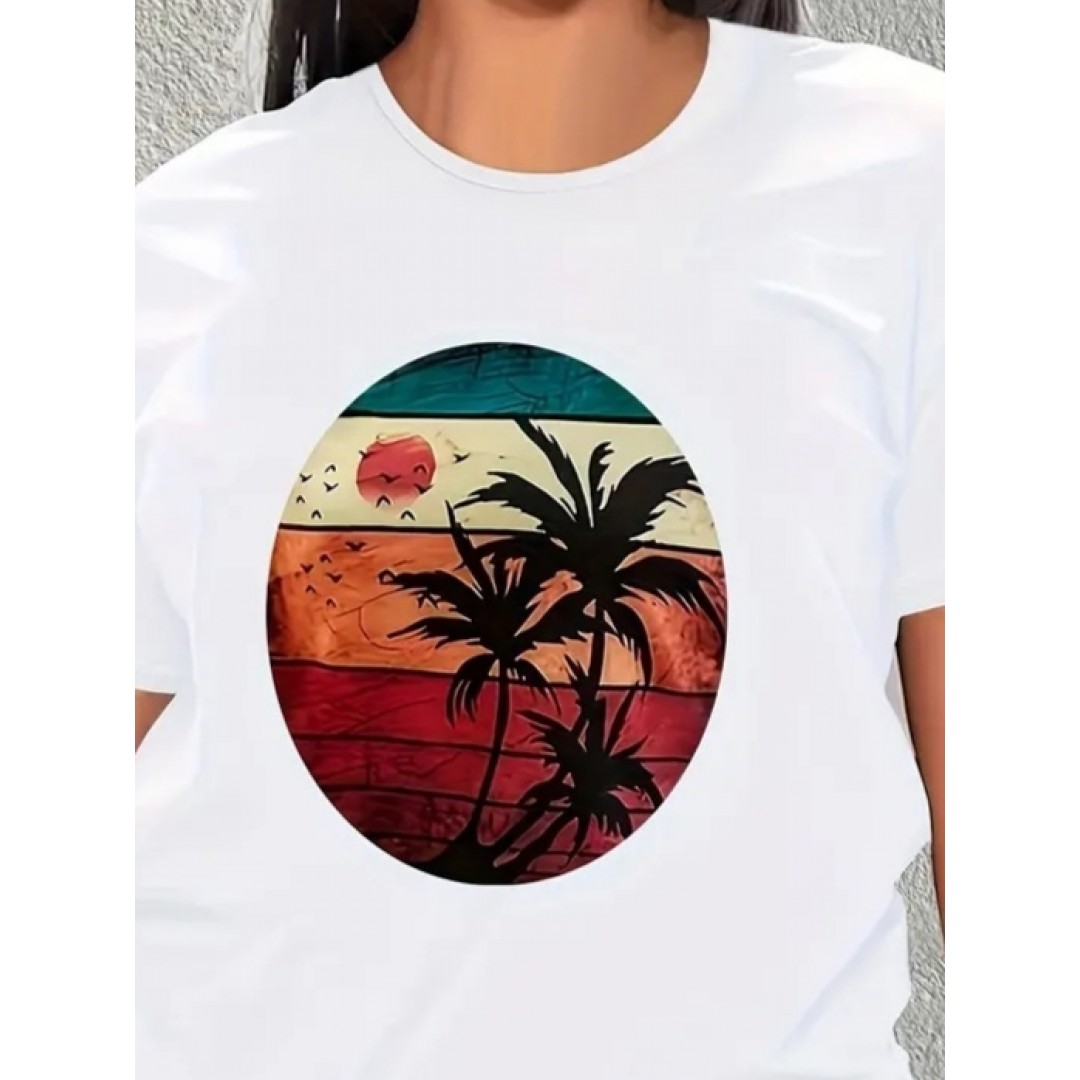 Kadın Kısa Kollu Palmiye Baskılı Viskon T-shirt 161924 Kadın Kısa Kollu Palmiye Baskılı Viskon T-shirt 161924