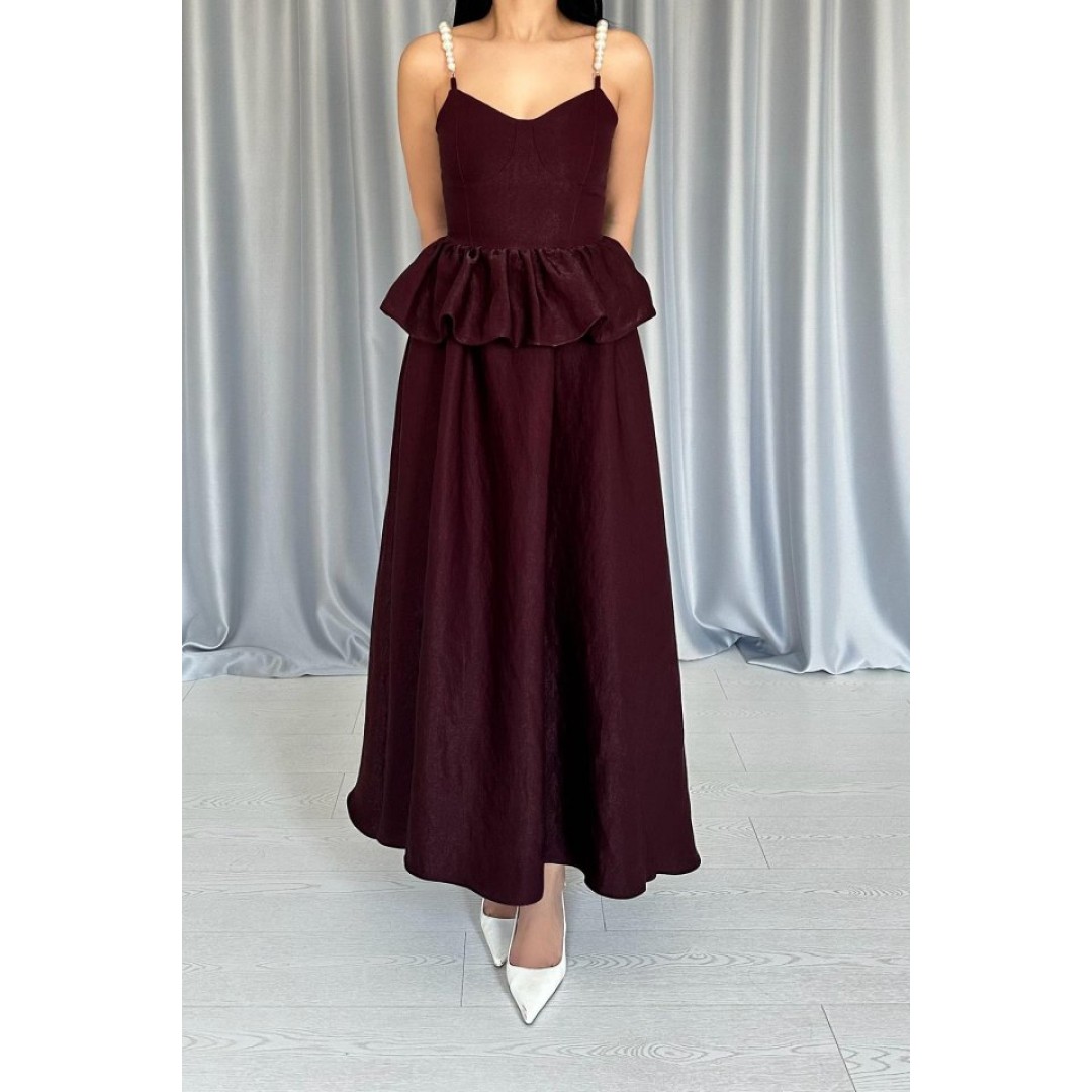 Bordo Beli Büzgülü İnci Askılı Uzun Elbise 154615 Bordo Beli Büzgülü İnci Askılı Uzun Elbise 154615