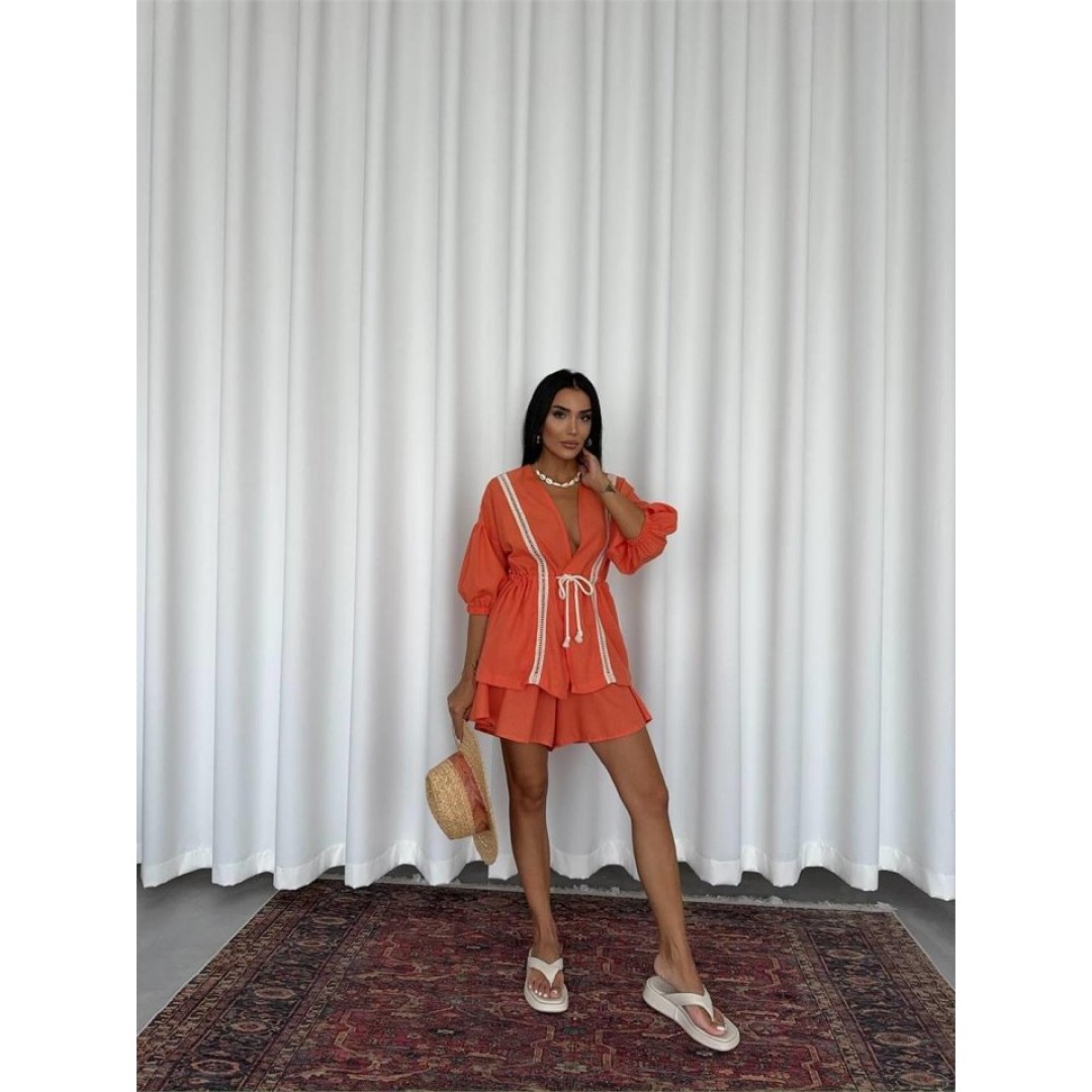 KETEN BEL BÜZGÜLÜ BLUZ-PANTOLON TAKIM - Orange